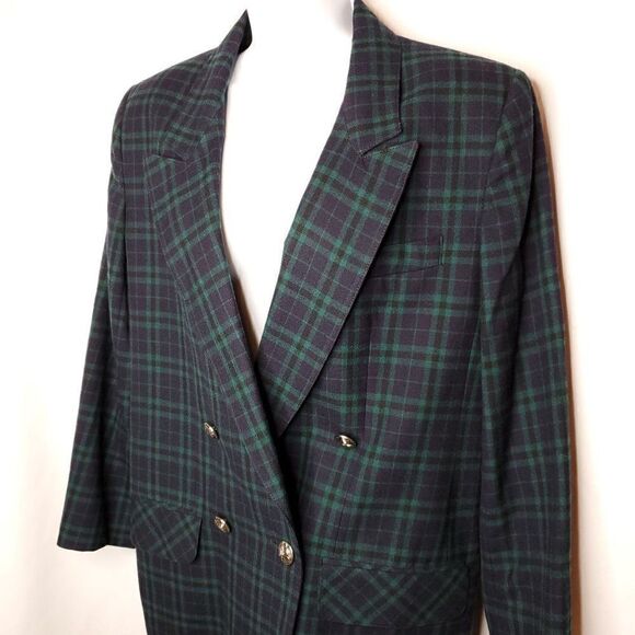 Vintage Wool Plaid Tartan Vintage Sz 8 Double Breasted Green Navy Blue - Picture 3 of 7